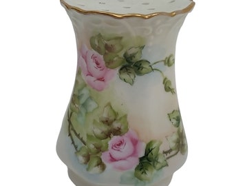 Antique Muffineer Signed Pink Roses Hand Painted Gold Trim Porcelain European