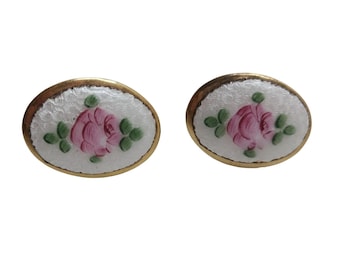 Vintage Gold Tone Guilloche Enamel Rose Screw Back Earrings Floral Oval Design