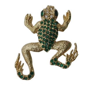 Gold-Tone Frog Brooch With Green & Clear Rhinestones