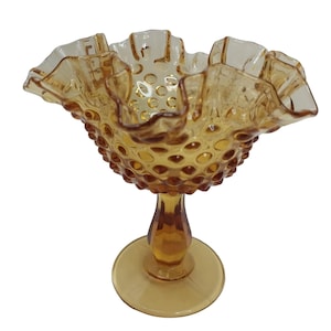 Vintage Fenton Glass Compote on Pedestal Yellow Amber Hobnail Ruffled Edge 6&quot;