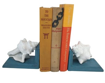 White Conch Shell Cast Iron Bookends Blue Painted Base Coastal Nautical Beach