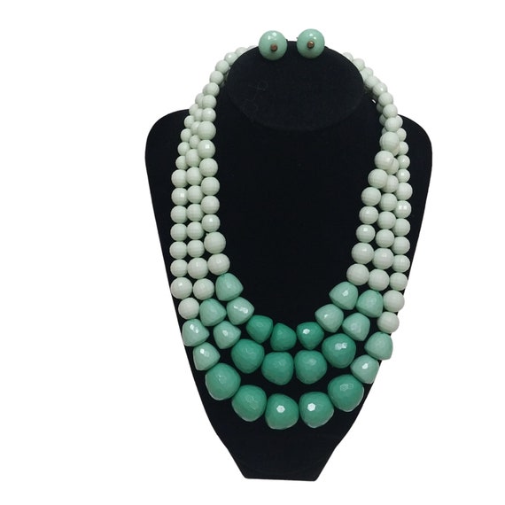Vintage Green Necklace & Earrings Three Strand La… - image 1