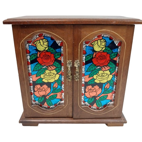 Wooden Jewelry Music Box Faux Stained Glass 3 Drawer Armoire Lara's Theme Roses