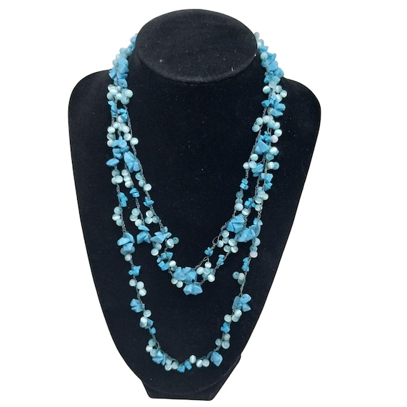 Handcrafted Multi-Strand Blue Shell Chip Beaded N… - image 6