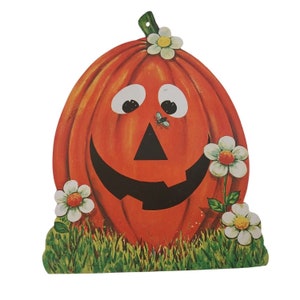 Vintage Halloween Die Cut Jack O Lantern Calabaza con mosca Cartón Recorte 1960s