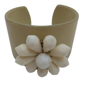 Vintage Yellow Faux Leather Cuff Bracelet With White Floral Bead Accent 1960s