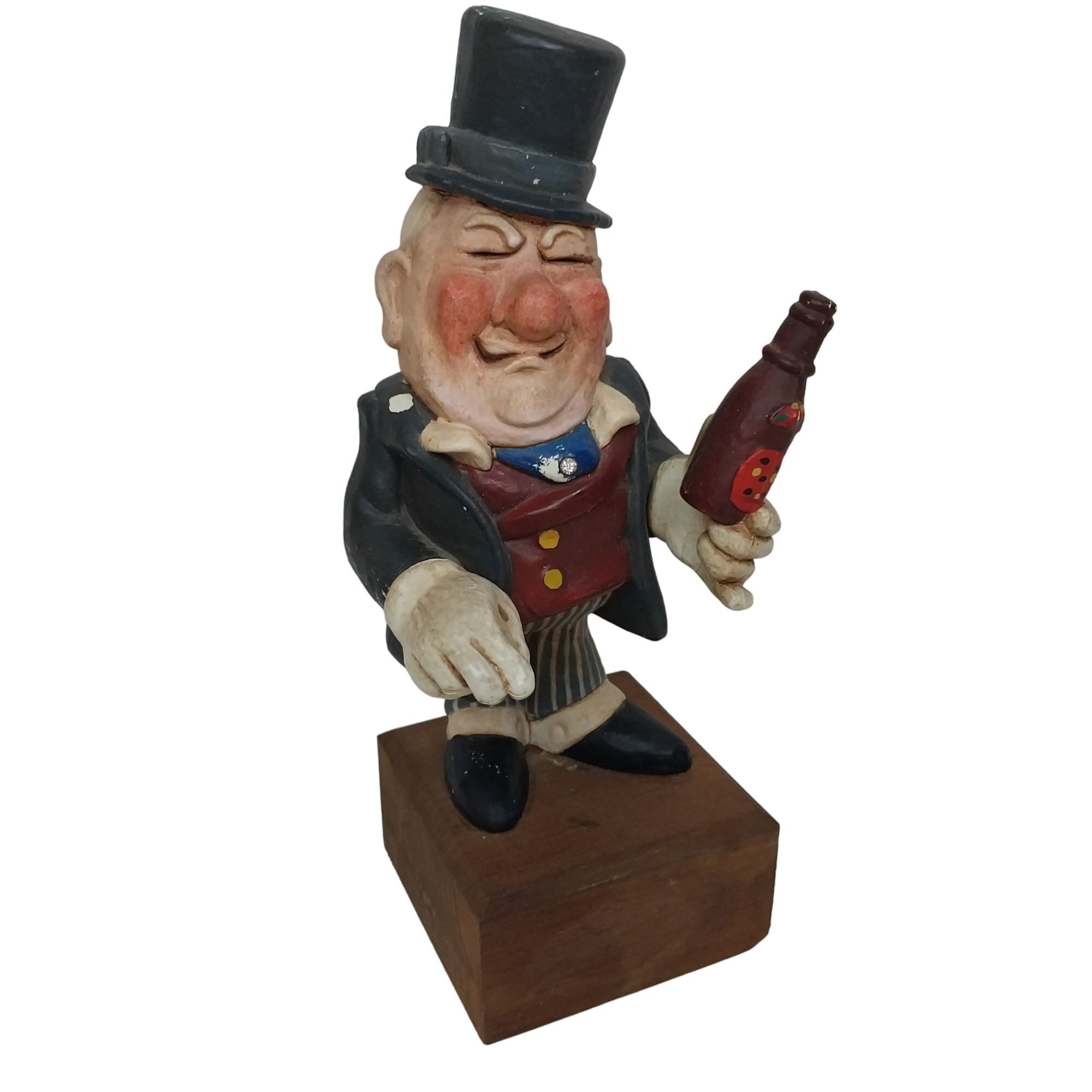 Vintage Aviva WC Fields Statue: Drunk Man with Beer, Teak Base