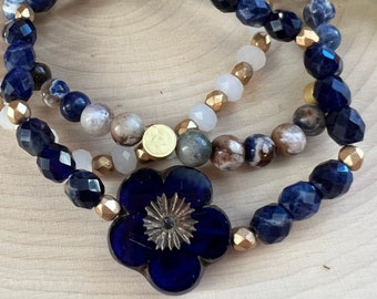Blue Beaded Bracelet Stack / Czech Glass Flower / Sodalite / White Jade