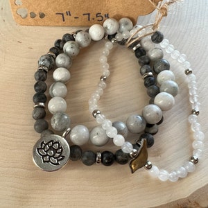 Handmade Beaded Bracelet Stack / Jade / Mother of Pearl Bird / Marble