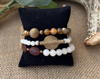 Natural Colored Beaded Bracelet Set with African Copper Focal