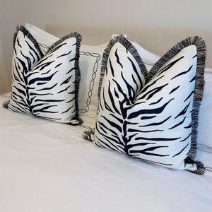 White Tiger Cushion SKU 34679007 | Animal Print Tiger Pattern Black and White Monochrome Fringe