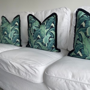Light Green Banana Leaf Cushion SKU 12348544 | Tropical Print Pillow Black Fringe Martinique