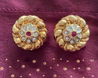 Christian Dior circular ear clips in gold metal and rhinestones, superb