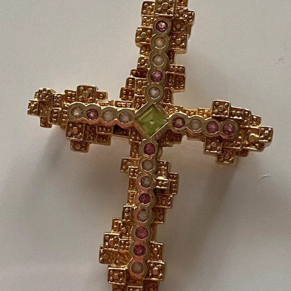 CHRISTIAN LACROIX Vintage cross pendant brooch 1990, gold metal and rhinestones, superb