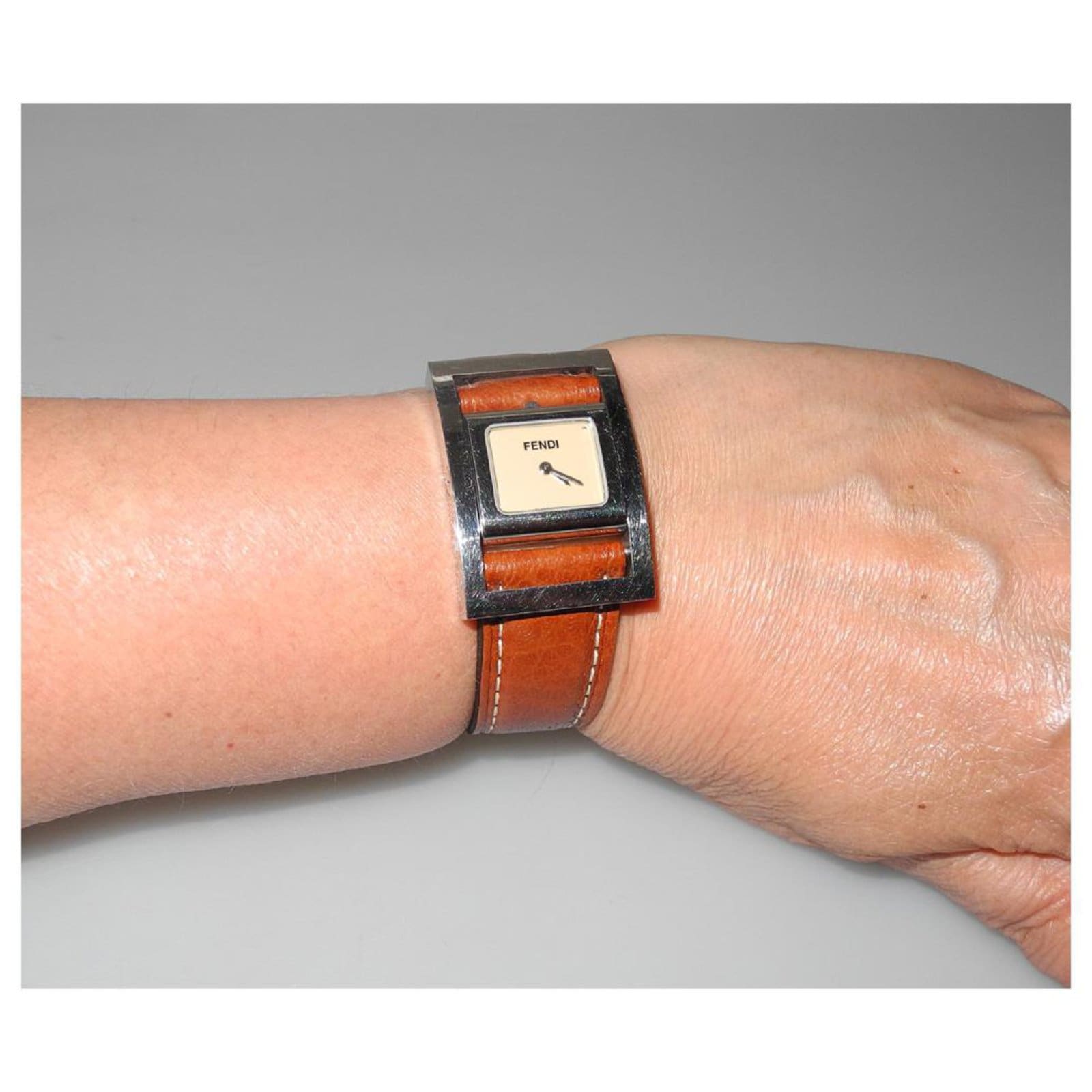 Fendi Women s Steel Watch Rectangular Dial Brown Leather Strap