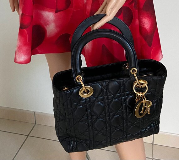 CHRISTIAN DIOR Large Lady Dior Cannage Lambskin Shoulder Bag Black