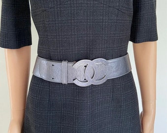 Buy CHANEL Wide BELT in Silver Gray Leather CC Buckle T.90 Very Online in  India 
