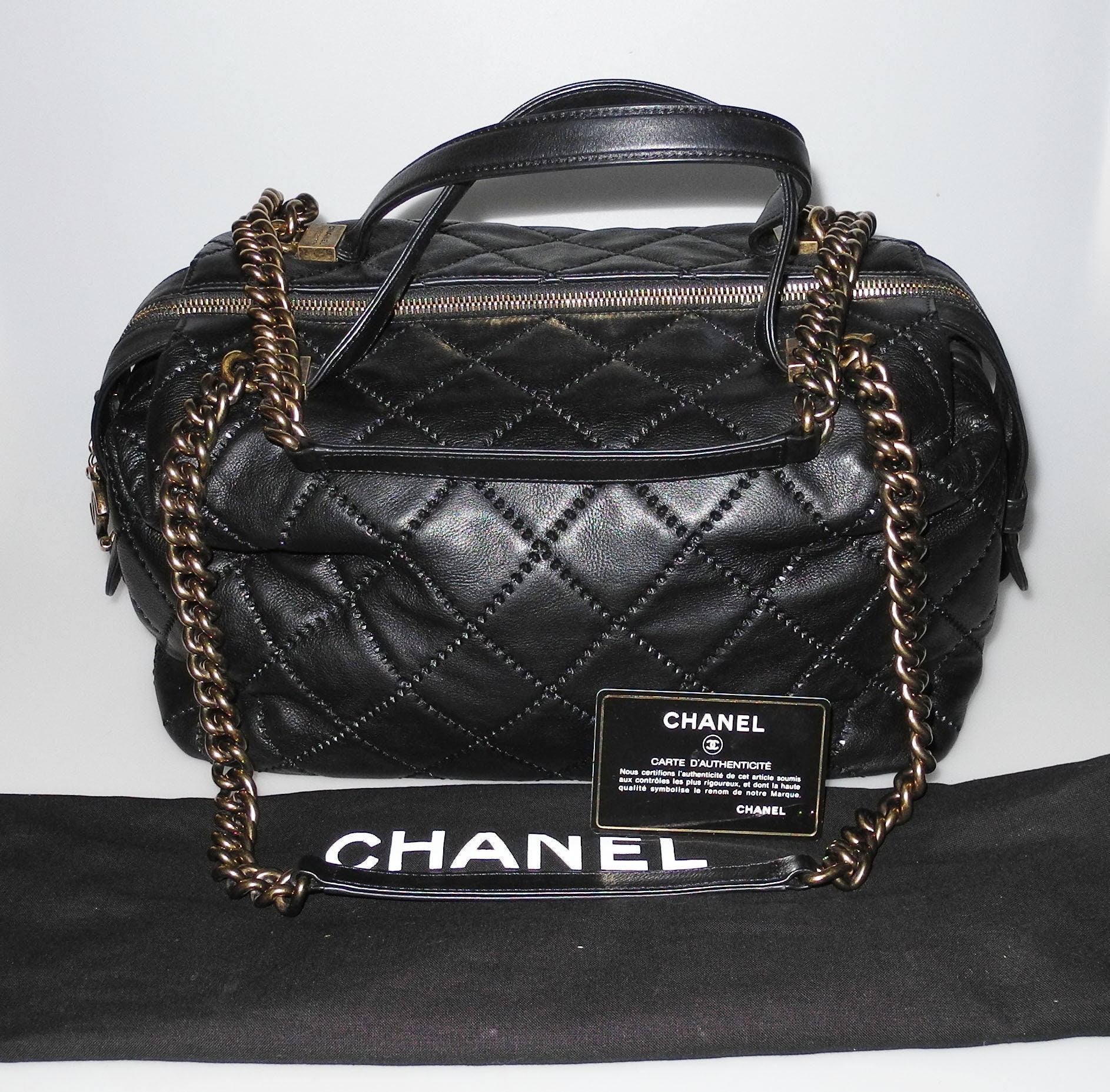 CHANEL SAC BOWLING Black Quilted Grained Leather Authenticity