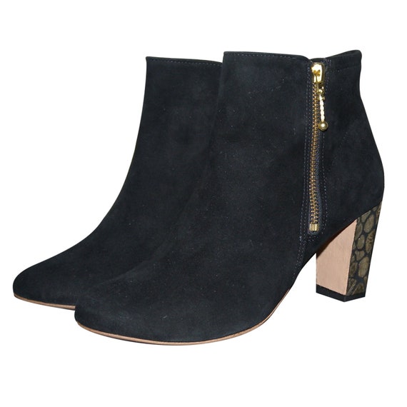 April Gau black suede boots with gold heels new bo