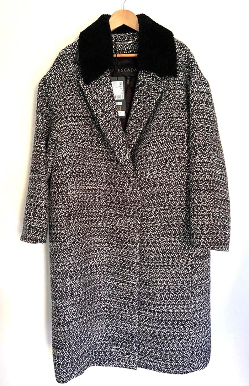 Escada Long Black and White Mottled Wool Coat, Size 46 Fr, Superb New