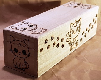 Holzbox Holzkiste Stiftebox Lang Katze Kitten Cute mit Wunschgravur Wunschtext