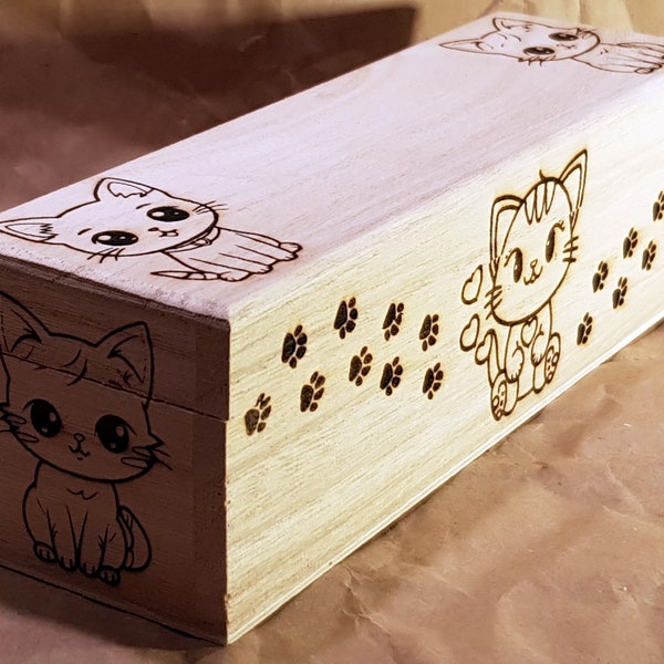 Holzbox Holzkiste Stiftebox Lang Katze Kitten Cute mit Wunschgravur Wunschtext
