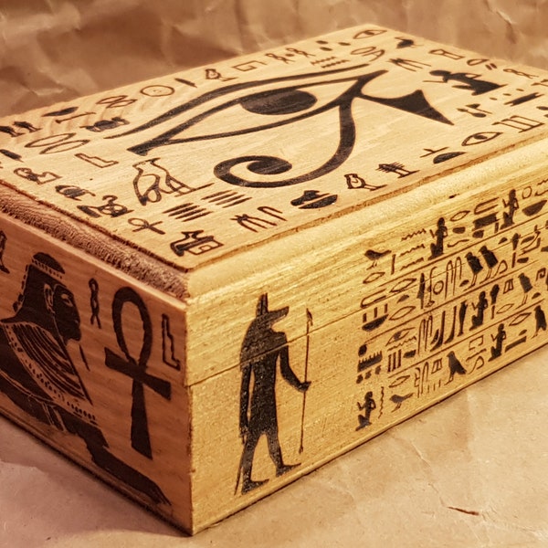 Holzbox Holzkiste Schatulle rechteckig Woodburning Ägypten Hieroglyphen ägyptisch Horusauge