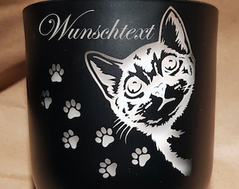 Kerze Windlicht mit Wunschtext/Wunschname Katze