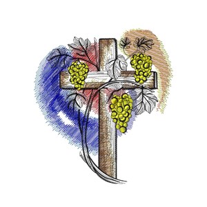 May include: A wooden cross with a vine of grapes growing around it. The grapes are yellow and the cross is brown. The background is a watercolour wash of blue, red, and orange.