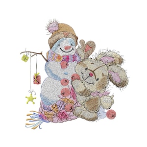 Snowman With Bunny Embroidery Design,Machine Embroidery Designs Colorful Christmas Designs