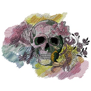 Könnte beinhalten: Ein farbenfrohes Stickmuster mit einem Totenkopf mit Blumen und Blättern. Der Totenkopf ist grün, rosa und gelb, und die Blumen sind rosa, gelb und blau.
