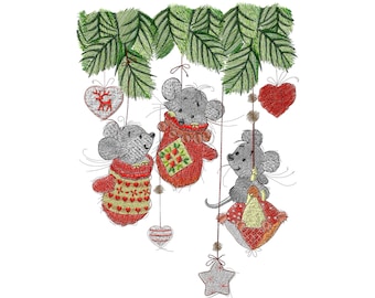 Christmas Mouse Embroidery Design, Colorful Holiday Stitches (5x7)