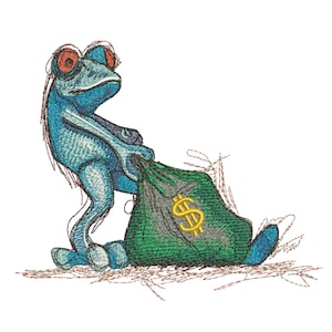 Puede incluir: Una rana azul con ojos rojos lleva una bolsa de dinero verde con un signo de dólar dorado.