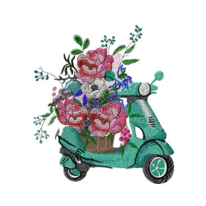 May include: A teal scooter with a basket full of pink, white, and blue flowers. The scooter has a black seat and black wheels.
