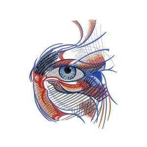 May include: A stylised embroidered eye with blue, red, orange and grey thread. The eye is closed and the eyelashes are long and detailed.