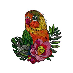May include: Embroidered design of a colorful lovebird perched on a pink flower with green leaves. The bird has orange, yellow, green, and red feathers.