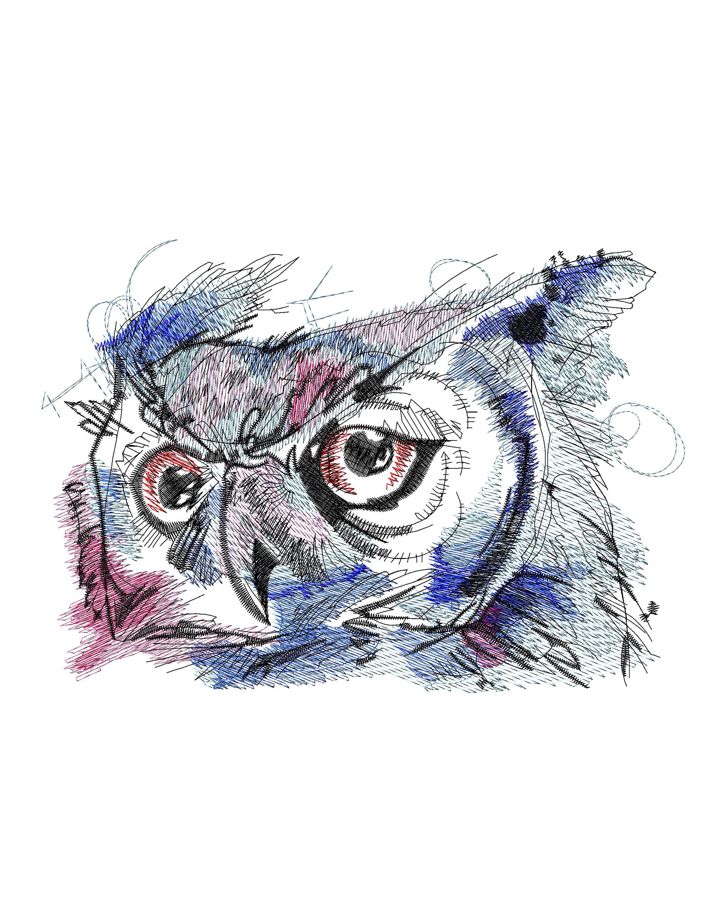 Owl Face Embroidery Design: Colorful Artistic Machine Embroidery (Digitized Files)