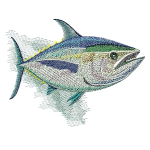 May include: An embroidered illustration of a tuna fish, featuring blue, green and yellow colours. The fish is swimming to the right.