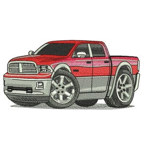 May include: Red pickup truck with a grey bumper and black wheels. The truck has a black grille and a black door handle.