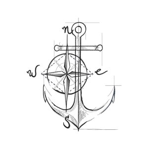 May include: A black and white line drawing of an anchor with a compass rose inside the anchor ring. The compass rose has the letters N, S, E, and W.