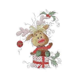 Christmas Reindeer Gift Embroidery Design: Colorful Holiday Pattern (5x7 Hoop)