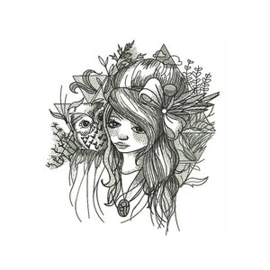 Puede incluir: Ilustración en blanco y negro de una joven con cabello largo, un gran lazo y un collar con colgante. Un búho está en el lado izquierdo de la mujer. La ilustración está rodeada de hojas y formas geométricas. El texto "CREATIVE PUNCHING" está en la parte superior izquierda.