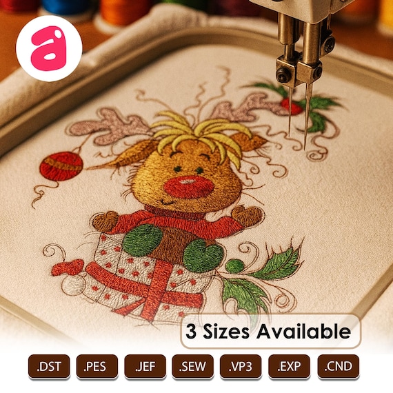 Christmas Reindeer Embroidery Design, Holiday Gift Pattern (Machine Embroidery Files)