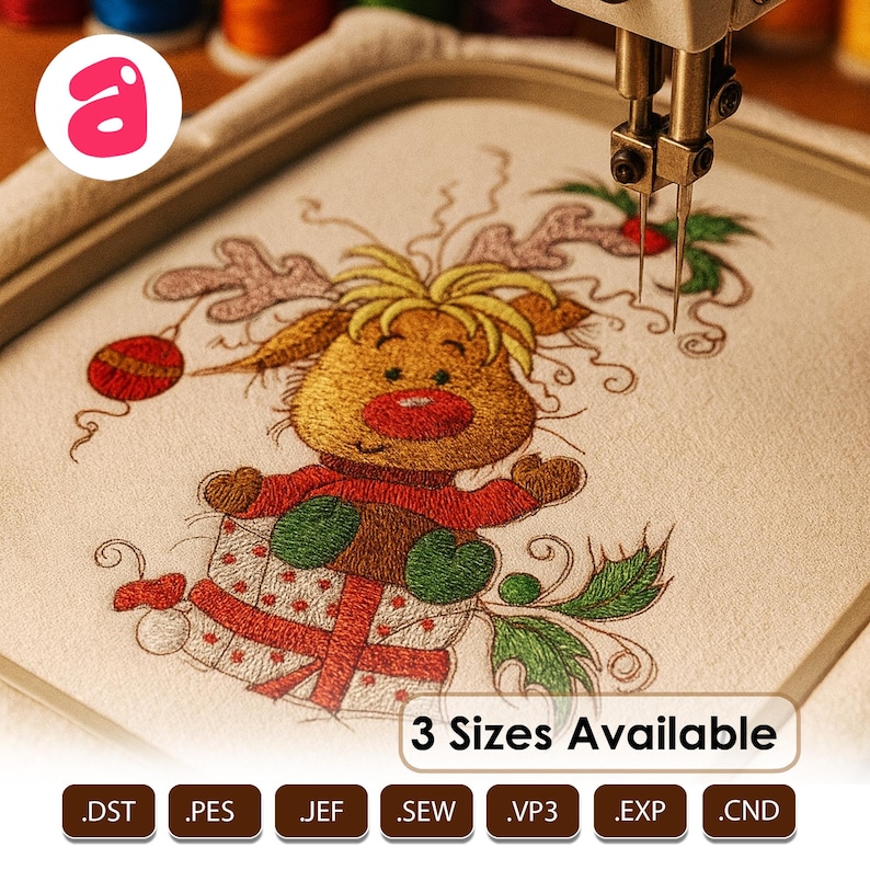 May include: Embroidered design of a reindeer wearing a red sweater and green mittens, holding a wrapped gift. The design is on a white fabric, with the text "3 Sizes Available" and file type extensions.
