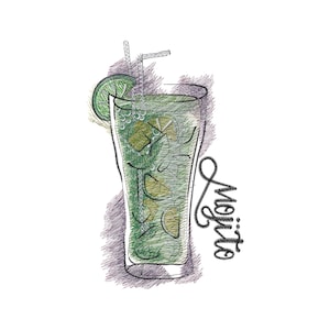Könnte beinhalten: Eine handgezeichnete Illustration eines Mojito-Cocktails in einem hohen Glas mit einem Limettenstück, Eiswürfeln und zwei Strohhalmen. Das Wort "Mojito" ist in Kursivschrift neben dem Glas geschrieben.