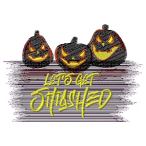 May include: Three black jack-o'-lantern pumpkins with yellow eyes and mouths, sitting on a red and purple striped background with the text "Let's get Trashed" in yellow.