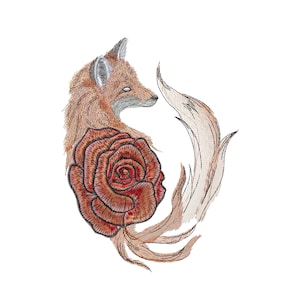 May include: Embroidered design of a fox with a red rose on its side, the fox's tail curls around the rose. The design is done in shades of brown, red, and white.