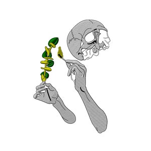 May include: A black and white illustration of a skull holding a green and yellow plant with a paintbrush.