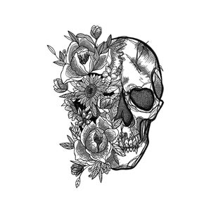 May include: A black and white line drawing of a skull with flowers growing out of the top of its head.