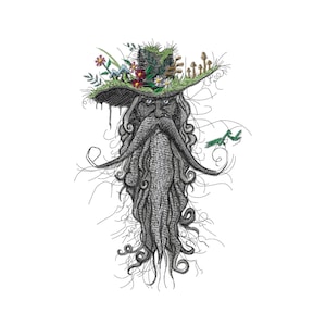 May include: A whimsical illustration of a bearded figure wearing a large green hat adorned with flowers, mushrooms, and other natural elements. The figure's beard is long and flowing, with intricate details and curls.